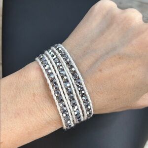 Victoria Emerson Silver Glass Beaded White Leather Wrap Bracelet